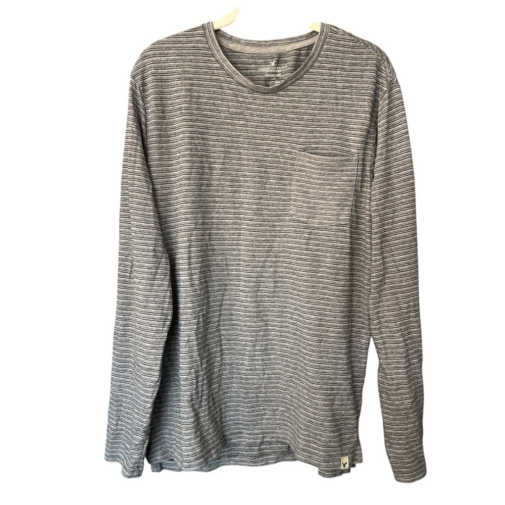 American Eagle Seriously Soft Gray Striped Long Sleeve Mens Shirt Size L